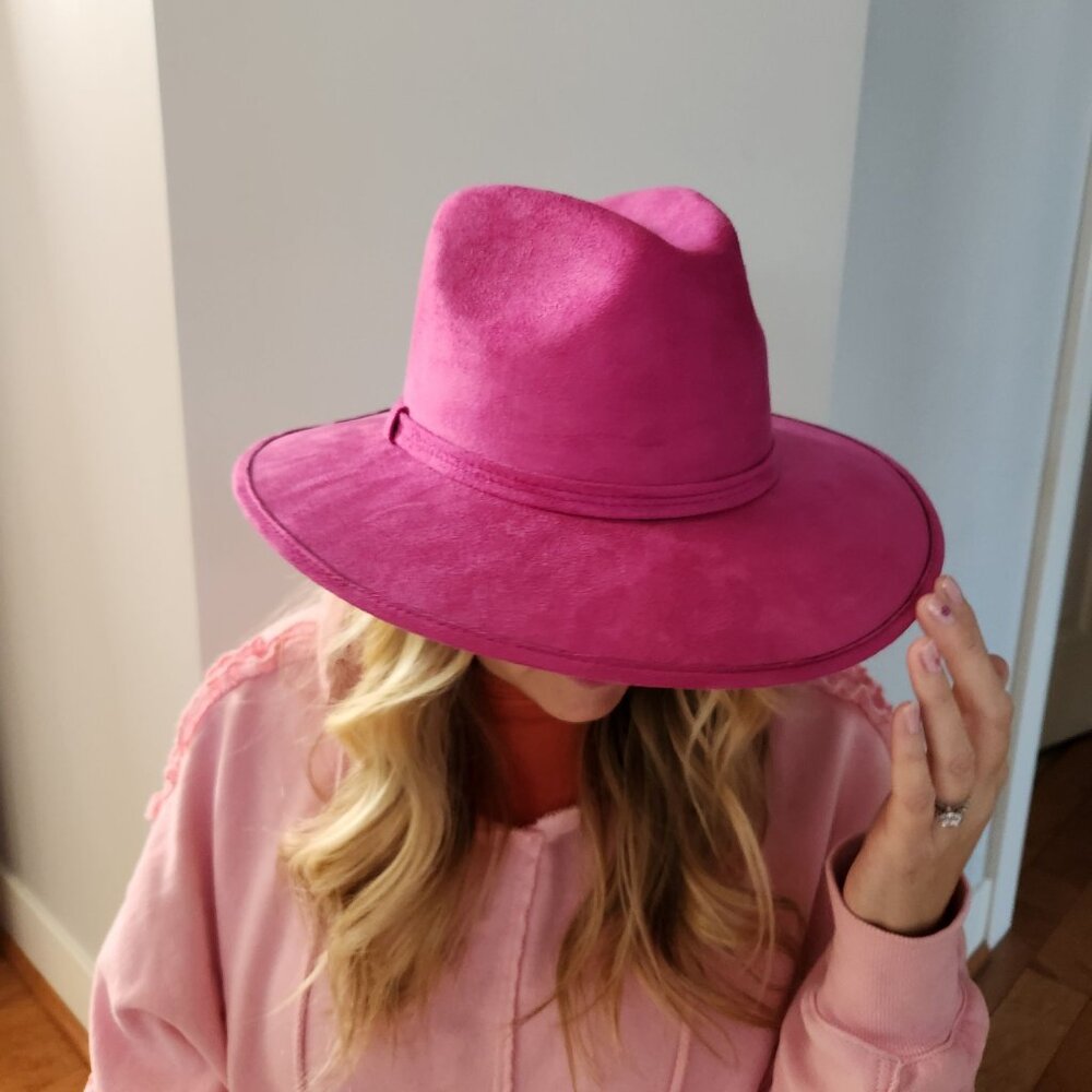 Fuschia Pink Suede Wide-Brim Rancher Fedora Hat Festival Boho Rodeo Western - Picture 6 of 7